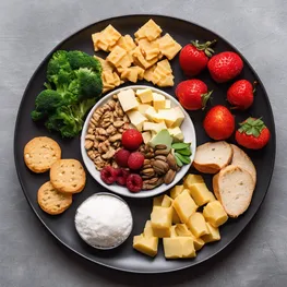 A visual representation of a plate filled with balanced meals and snacks that are low in sugar and carbohydrates, ideal for maintaining stable blood sugar levels during intermittent fasting.