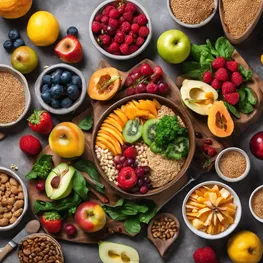 An overhead shot of a beautifully arranged meal with colorful fruits, vegetables, whole grains, and lean proteins, highlighting the importance of a balanced diet for maintaining stable blood sugar levels throughout the day.