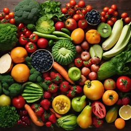 A vibrant collage of fresh fruits and vegetables, highlighting a colorful assortment of nutrient-rich options like leafy greens, juicy berries, crisp carrots, and ripe tomatoes, emphasizing the importance of balanced nutrition for maintaining stable blood sugar levels.