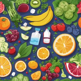 A vibrant illustration depicting a variety of healthy food choices and lifestyle practices that can help balance blood sugar levels during chemotherapy, including fresh fruits and vegetables, regular exercise, mindfulness techniques, and adequate hydration.