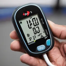 A close-up image of a hand holding a blood glucose monitor, with the screen displaying a stable blood sugar level, serving as a visual representation of effective strategies for balancing blood sugar during exercise.