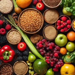 A flat lay photograph of a colorful assortment of fruits, vegetables, and whole grains, symbolizing a balanced diet for maintaining stable blood sugar levels during hormonal changes.