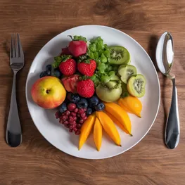 A close-up image of a balanced meal plate consisting of colorful fruits, vegetables, lean proteins, and whole grains, highlighting the importance of nutrition in maintaining stable blood sugar levels during marathon training.