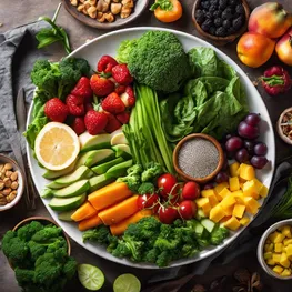 A close-up image of a plate filled with colorful and nutritious foods that help balance blood sugar levels during pregnancy, including leafy greens, lean proteins, and a variety of fresh fruits and vegetables.
