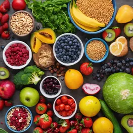 A collage of colorful and nutritious food options, including fresh fruits, vegetables, lean proteins, and whole grains, to help children with diabetes maintain stable blood sugar levels.