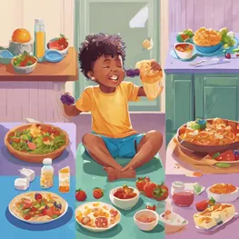 A visual representation of a child engaging in various activities that help balance blood sugar levels, such as eating a balanced meal, monitoring glucose levels, participating in physical exercise, and taking insulin.