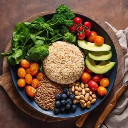 An image of a balanced meal plate, showcasing colorful and nutrient-rich foods such as lean protein, whole grains, vegetables, and a small portion of healthy fats, representing effective strategies for balancing blood sugar during weight loss.