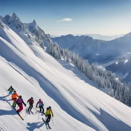 A snowy landscape showcasing a group of skiers gliding down a mountain slope, with a focus on a skier testing their blood sugar levels and making mindful food choices to maintain balance while enjoying the adrenaline-filled sport.
