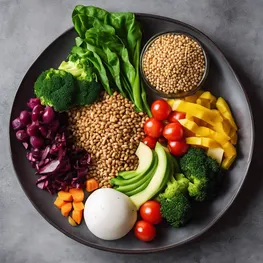 A visually appealing image showcasing a balanced plate of food, including colorful vegetables, lean proteins, and whole grains, all designed to help regulate blood sugar levels and promote optimal health.