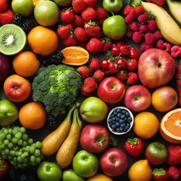 A close-up image of a colorful and vibrant assortment of low-glycemic fruits and vegetables, highlighting their natural beauty and the variety of options available for a healthy and balanced diet.