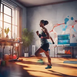A dynamic image showing a person engaged in various forms of exercise, such as running, weightlifting, and yoga, with a focus on their improved blood sugar levels displayed on a monitor in the background.