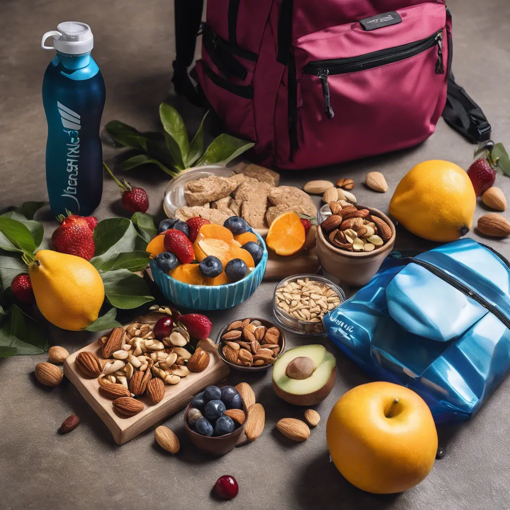 A snapshot of a traveler's backpack filled with nutritious snacks like fresh fruit, nuts, and protein bars, along with a reusable water bottle, highlighting the importance of maintaining a balanced diet and staying hydrated while on the go.