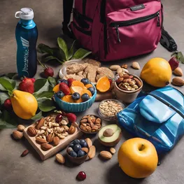A snapshot of a traveler's backpack filled with nutritious snacks like fresh fruit, nuts, and protein bars, along with a reusable water bottle, highlighting the importance of maintaining a balanced diet and staying hydrated while on the go.
