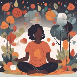 A visual representation of a person practicing self-care and managing their blood sugar levels during mental health challenges. This could include images such as a person meditating in a peaceful natural setting, preparing a balanced and nutritious meal, engaging in physical activity like yoga or jogging, or using stress management techniques like deep breathing or journaling.