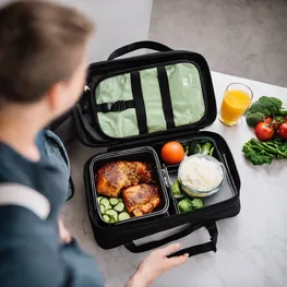A photo of a traveler with a suitcase and a healthy meal prep kit, highlighting the importance of planning and preparation for maintaining blood sugar control while on the go.