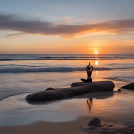 A serene image of a person practicing yoga on a peaceful beach at sunrise, symbolizing the harmonious connection between the mind and body in achieving balanced blood sugar levels.