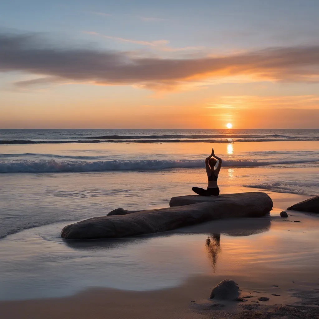 A serene image of a person practicing yoga on a peaceful beach at sunrise, symbolizing the harmonious connection between the mind and body in achieving balanced blood sugar levels.