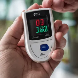 A close-up photograph of a hand holding a glucometer with a digital display of blood sugar levels, showcasing the importance of monitoring and controlling blood sugar for health and well-being.
