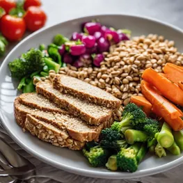 A close-up photograph of a healthy meal plate, showcasing a balanced combination of whole grains, lean proteins, and colorful vegetables, illustrating the key elements of effective blood sugar control.