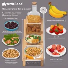 An infographic explaining the concept of glycemic load, featuring a visual representation of different foods and their respective glycemic index and serving sizes.