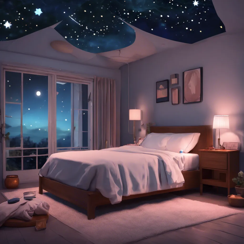 An abstract image representing the connection between sleep hygiene and blood sugar control, featuring elements such as a bed surrounded by a serene night sky with stars, a balanced meal on a nightstand, and a blood sugar monitor.