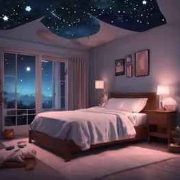 An abstract image representing the connection between sleep hygiene and blood sugar control, featuring elements such as a bed surrounded by a serene night sky with stars, a balanced meal on a nightstand, and a blood sugar monitor.