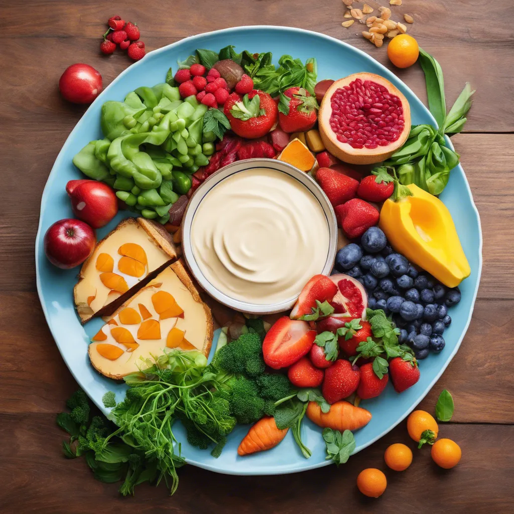 A vibrant illustration depicting a plate filled with a colorful array of nutrient-rich foods, showcasing a balance of carbohydrates, proteins, and fats for optimal blood sugar control.