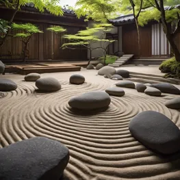 A visually soothing image of a zen garden with meticulously arranged stones and raked sand, evoking a sense of calmness and tranquility.