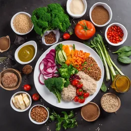 A visually appealing image of a beautifully plated meal consisting of colorful and nutritious ingredients, showcasing a balance of proteins, whole grains, and vegetables that are known to help regulate blood sugar levels.
