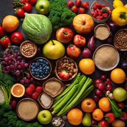 A vibrant still-life photograph showcasing a variety of colorful fruits, vegetables, and whole grains, all arranged artistically to inspire culinary creativity for a blood sugar-friendly diet.