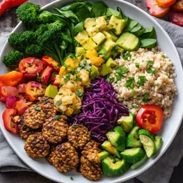 A vibrant and colorful plate filled with a week's worth of delicious and blood sugar-friendly meals. Each dish showcases a variety of nutrient-rich ingredients like fresh vegetables, lean proteins, and whole grains, carefully arranged to create a visually appealing and appetizing spread.