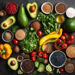 A visually appealing flat lay of fresh and vibrant ingredients commonly used in blood sugar-friendly recipes, such as leafy greens, colorful bell peppers, ripe avocados, lean proteins, and whole grains.