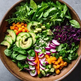 An overhead shot of a beautifully arranged salad bowl, showcasing a vibrant mix of fresh greens, colorful vegetables, and protein-packed ingredients, all chosen specifically to support stable blood sugar levels.