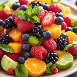 A close-up photograph of a mouthwatering fruit salad, featuring a vibrant mix of juicy berries, tangy citrus slices, and refreshing mint leaves, perfect for a healthy and delicious snack.