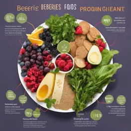 A beautifully designed infographic featuring a colorful array of low-glycemic foods such as berries, leafy greens, whole grains, and lean proteins, accompanied by informative captions on their health benefits and impact on blood sugar levels.
