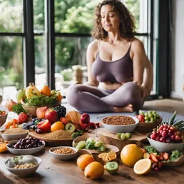 An image of a woman engaged in a mindful activity like yoga or meditation, with a healthy meal spread out on a table nearby, featuring colorful fruits and vegetables, whole grains, and lean proteins to promote stable blood sugar levels during menopause.