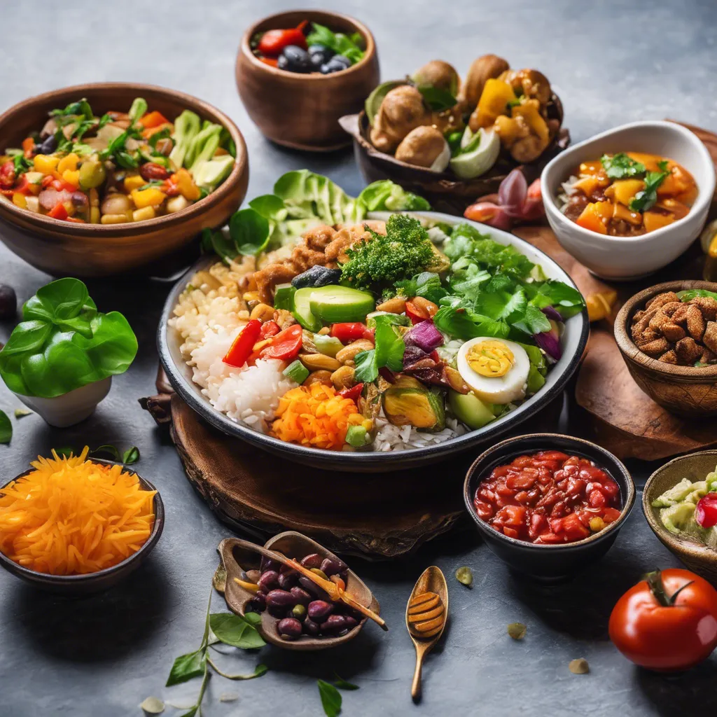 A close-up photograph of a plate of diverse and colorful international cuisines, showcasing healthy food options that can help in balancing blood sugar levels while traveling abroad.