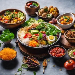 A close-up photograph of a plate of diverse and colorful international cuisines, showcasing healthy food options that can help in balancing blood sugar levels while traveling abroad.