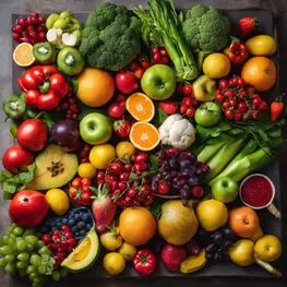 A close-up image of a colorful array of fresh fruits and vegetables, highlighting the natural sources of nutrients and antioxidants that can aid in blood sugar management during intermittent fasting.