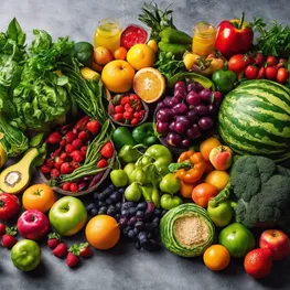A close-up image of a colorful array of fresh fruits and vegetables, showcasing the vibrant hues and textures of plant-based foods that support blood sugar optimization.