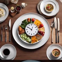 An image of a person sitting at a dining table, with a clock in the background indicating different meal times throughout the day. The image shows various plates of food, representing balanced meals, at different times of the day to highlight the importance of meal timing in maintaining stable blood sugar levels.