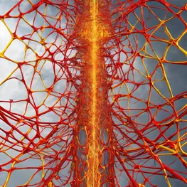 An abstract representation of the human body with vibrant red and yellow lines tracing the pathways of inflammation, emphasizing the intricate connection between chronic inflammation and blood sugar levels.