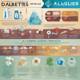 A medical infographic illustrating the relationship between diabetes and allergies, highlighting common symptoms, risk factors, and potential treatment options.