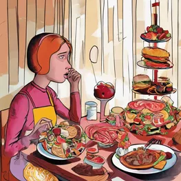 A visually symbolic image of a person sitting at a table with two plates in front of them. One plate is filled with unhealthy, processed foods while the other plate is filled with nutritious, whole foods. The person is shown contemplating their choices and emotions, highlighting the struggle of emotional eating and its impact on blood sugar levels.