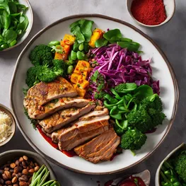 A close-up photograph of a beautifully plated, blood sugar-friendly meal featuring colorful vegetables, lean proteins, and flavorful herbs and spices, showcasing the artistry and delicious possibilities of diabetic-friendly cuisine.