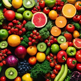 A vibrant close-up image of a colorful assortment of fresh fruits and vegetables, arranged in a visually pleasing way, highlighting the natural beauty of whole foods and the importance of mindful cooking for maintaining blood sugar health.