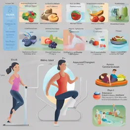 A visual representation of a customized exercise plan for personalized diabetes management, showcasing various activities such as walking, cycling, swimming, and yoga, with each exercise accompanied by its specific benefits for managing blood sugar levels and overall health.