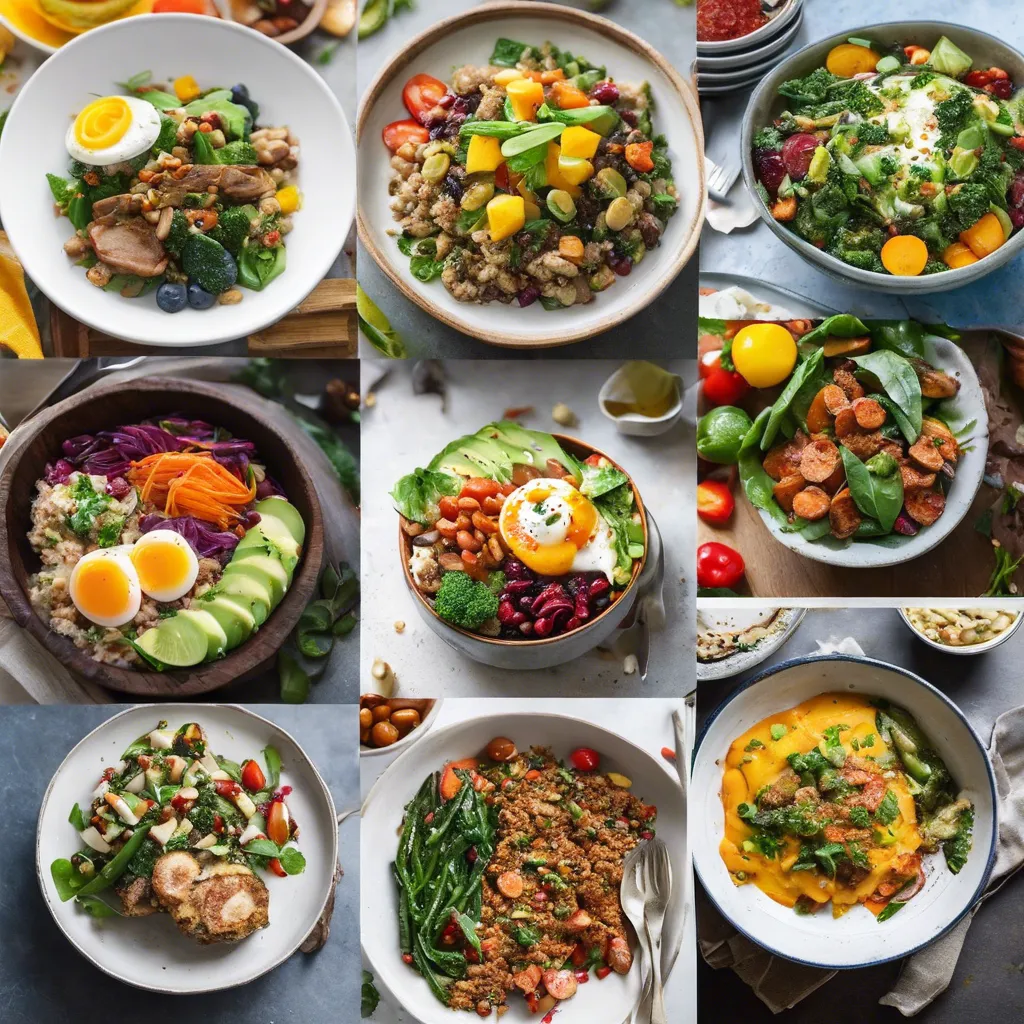 A visually appealing collage of colorful, nutrient-packed dishes that are both delicious and blood sugar-friendly, showcasing a variety of meals for breakfast, lunch, and dinner.
