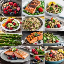 A visually appealing collage of diabetes-friendly meals that includes a colorful salad filled with fresh vegetables, a flavorful grilled salmon dish accompanied by roasted asparagus and quinoa, and a mouthwatering berry parfait topped with a sprinkle of nuts.