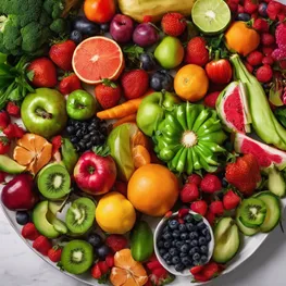 A close-up photograph of a plate of colorful fruits and vegetables, emphasizing their vibrant colors and variety, highlighting their importance in promoting healthy digestion and managing diabetes.